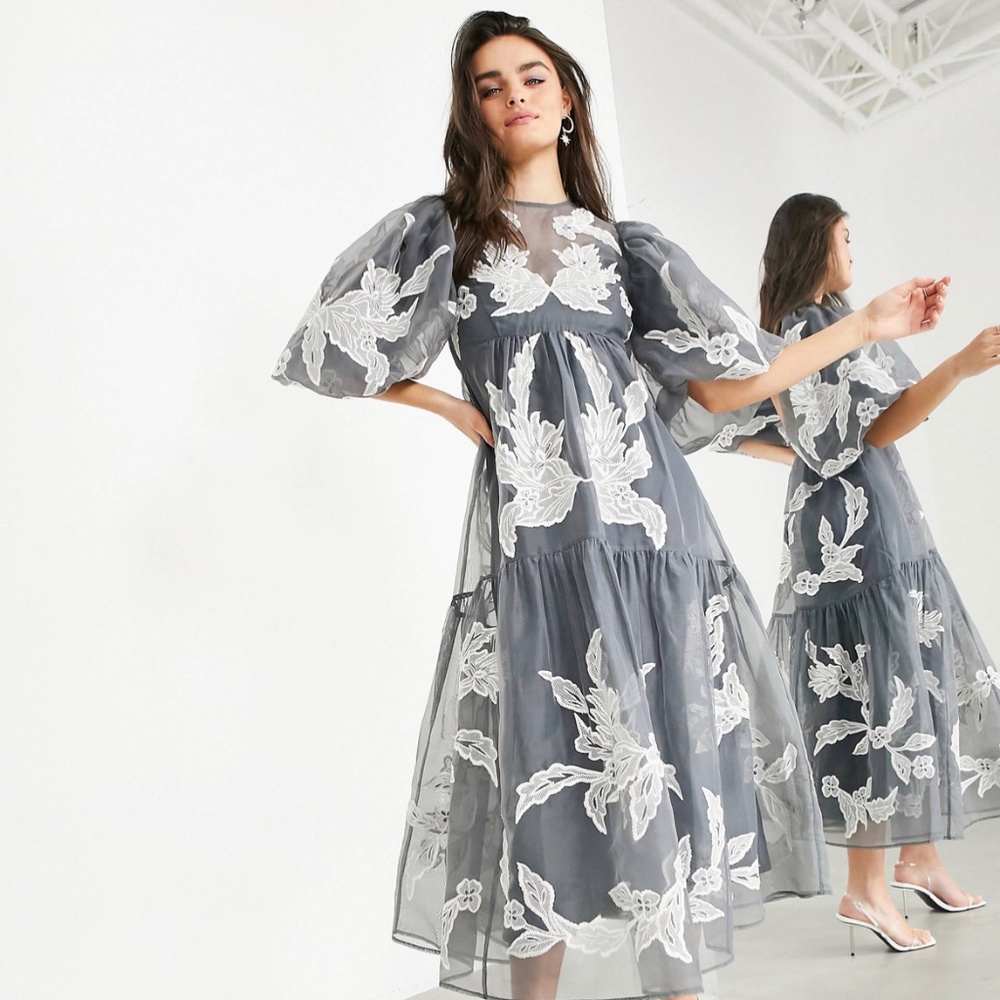 NWT ASOS DESIGN gray appliquéd organza smock dress